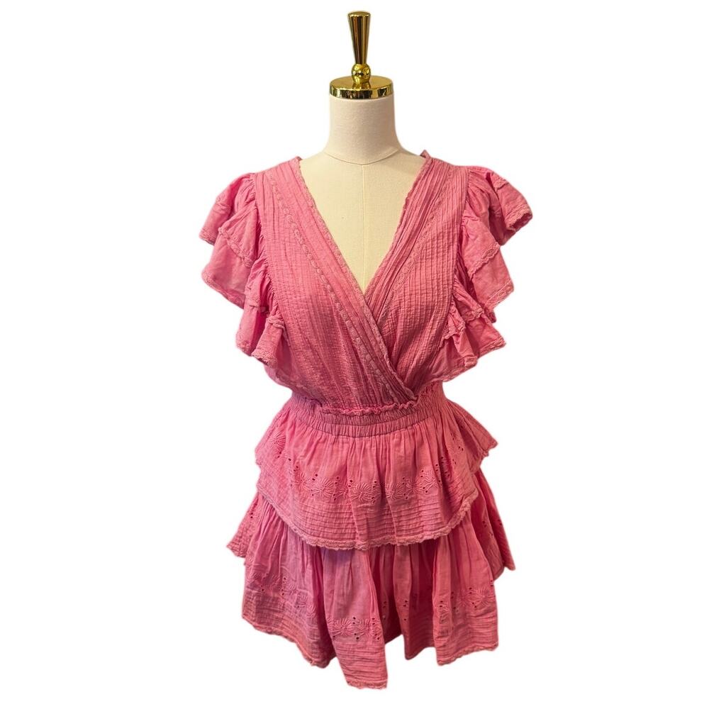 LoveShackFancy Gwen Mini Dress Rose Bloom Pink Tiered Ruffle Cotton Dress (Med)